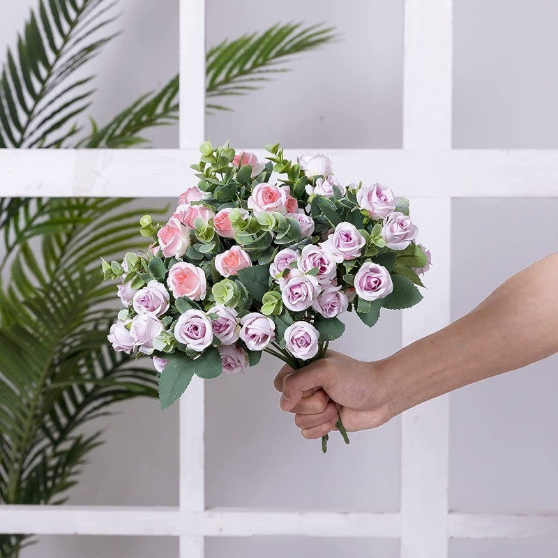 10 Heads pink Artificial Silk Rose Flowers Fake White Eucalyptus  Peony Flower Bouquet, for Home Wedding Party Garden Decoration