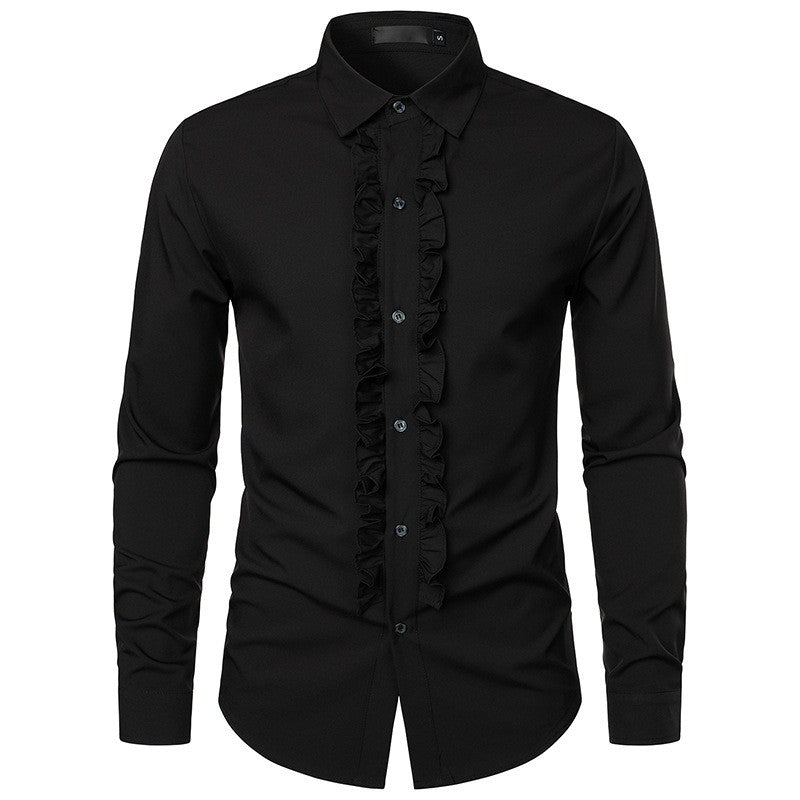 New 2025 Men's Long Sleeve Tuxedo Shirts Fashion Party Wedding Male Dress Shirts Ruffle Pleated Design Solid Shirt Chemise Homme