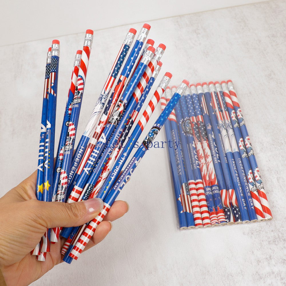 24Pcs Independence Day Theme HB Writing Painting for 4th of July American USA National Day Party Favors School Rewards
