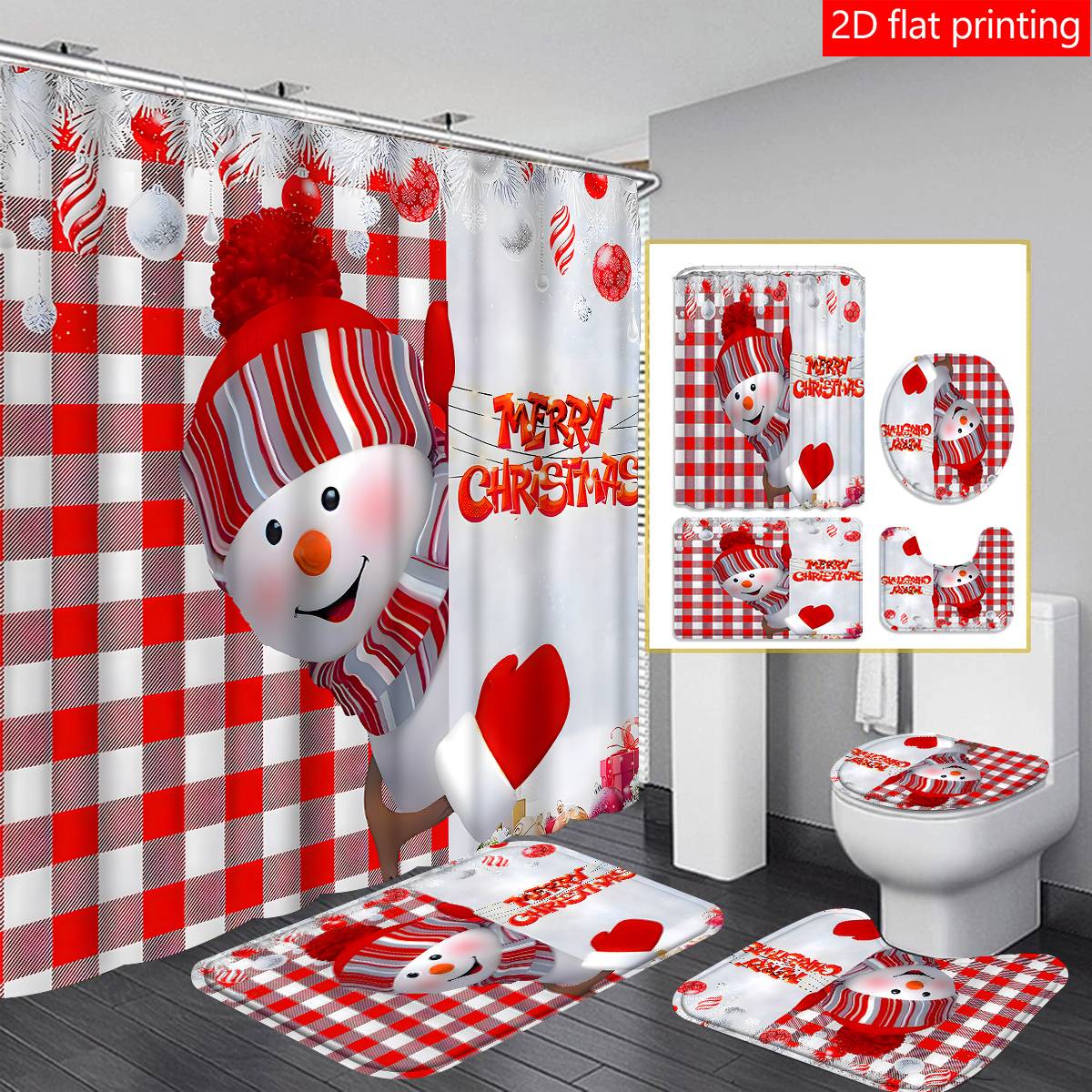4pc Christmas red checkered snowman bath curtain, bath curtain waterproof fabric bathroom decorative curtain with 12 hooks, anti