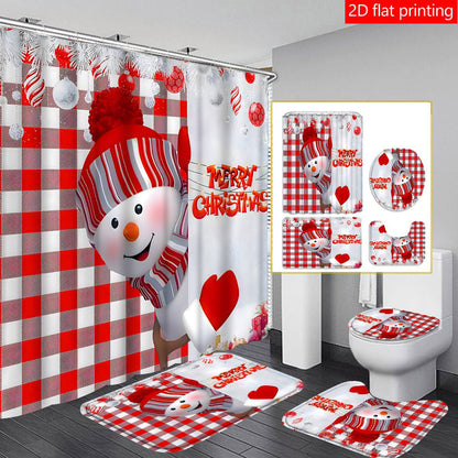 4pc Christmas red checkered snowman bath curtain, bath curtain waterproof fabric bathroom decorative curtain with 12 hooks, anti