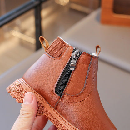 21-30 Kids Ankle Boots for Little Boys Girls Thermal Snow Boots Fashion PU Leather Children Short Rubber Boots with Thick Plush