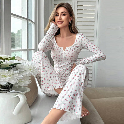 Autumn Winter Pajamas Set Women Sleepwear Floral Print Lettuce Trim Top with Long Pant Lovely Loungewear Full Sleeve Nightwear