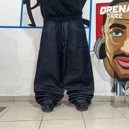 Y2K Vintage Punk Jeans Large Pockets Barbed Wire Skull Printing Loose Wide Leg Jeans Hip Hop Men Women Fashion Casual Streetwear