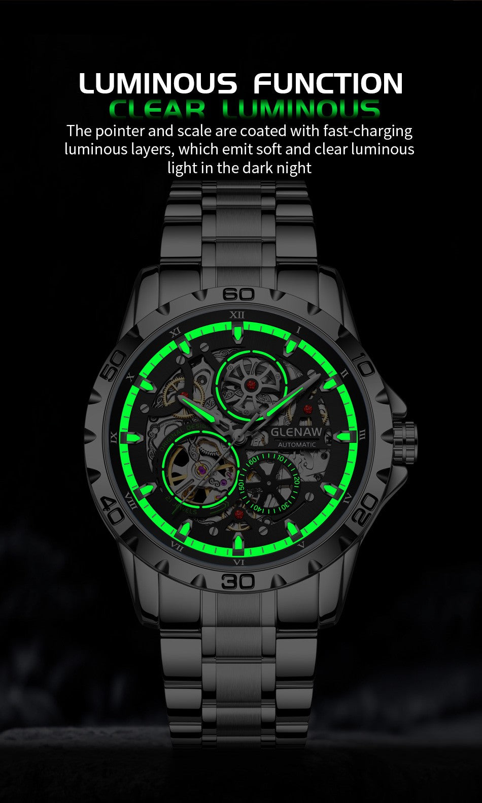 GLENAW Steampunk Skeleton Men's Watch Ring Luxury Automatic Mechanical Watches Luminous waterproof Stainless Steel Strap Watch