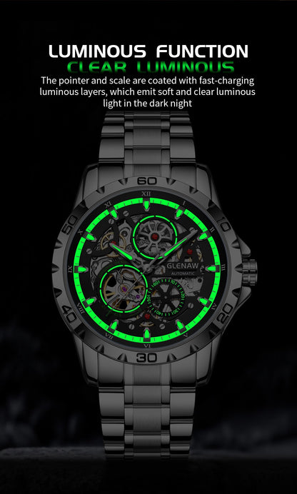 GLENAW Steampunk Skeleton Men's Watch Ring Luxury Automatic Mechanical Watches Luminous waterproof Stainless Steel Strap Watch