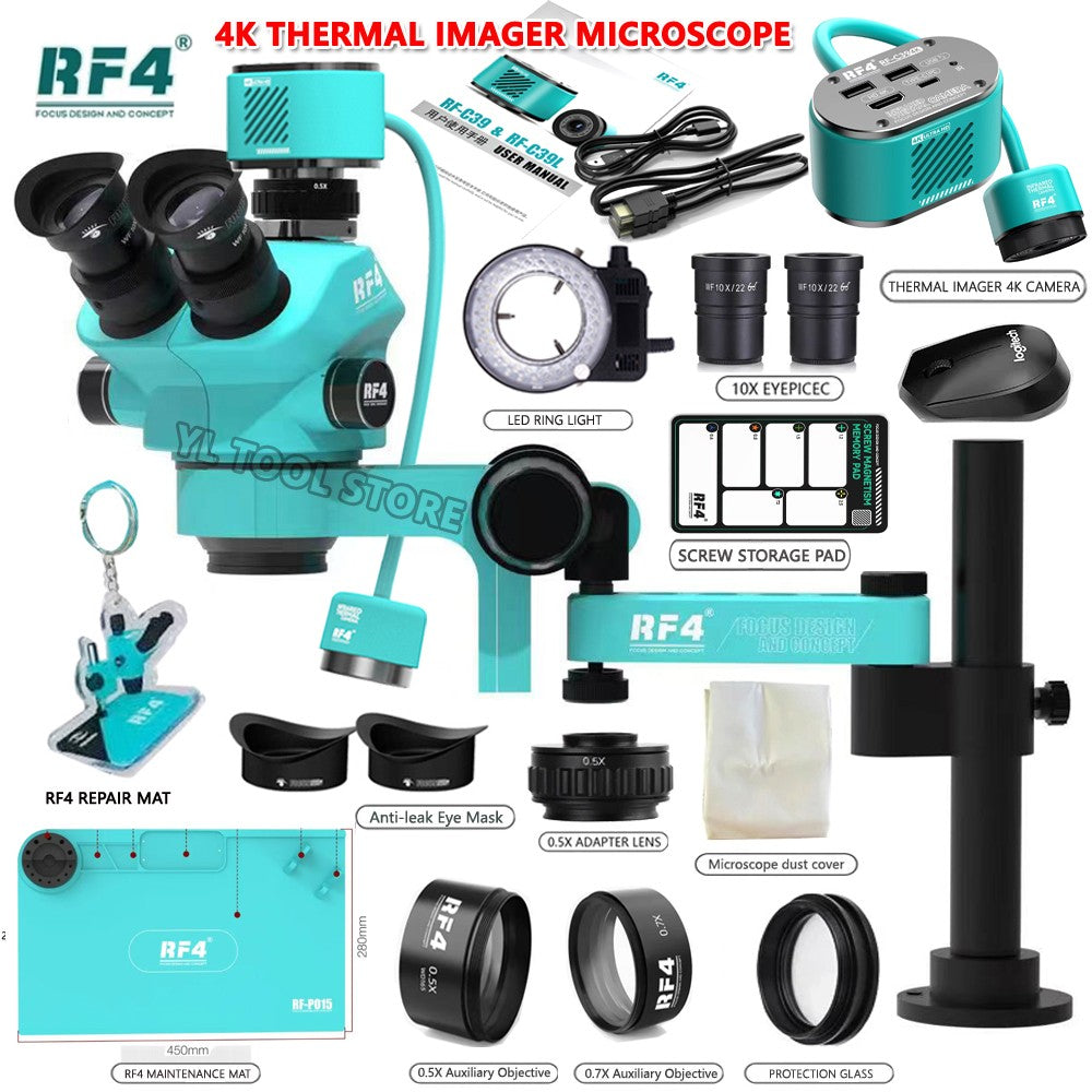 Microscópio Trinocular Estéreo RF4 360° com Braço Articulado para Reparo de Placas PCB de Celulares e Câmera Termográfica 4K C39