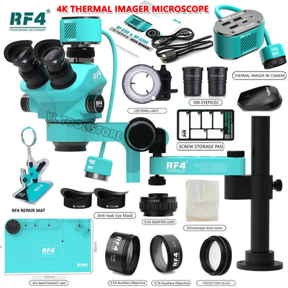 Microscópio Trinocular Estéreo RF4 360° com Braço Articulado para Reparo de Placas PCB de Celulares e Câmera Termográfica 4K C39