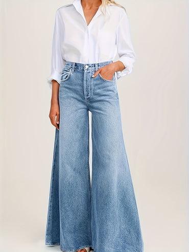 High-waisted light blue faded loose A-line wide-leg women's jeans
