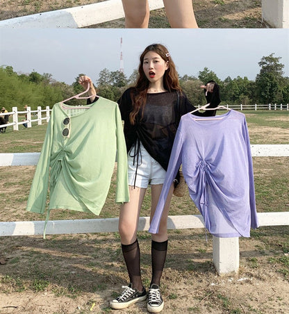 Women's 2025 Women's Summer New Beach Long sleeved Sunscreen Jacket Loose Hoodie Drawstring Upward Shirt