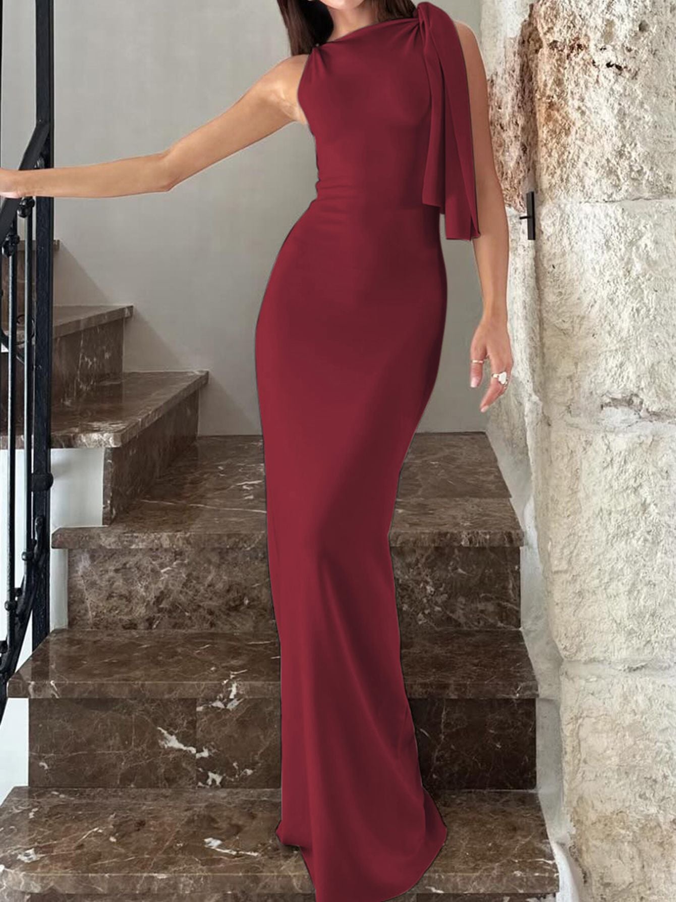 Hugcitar Fashion Solid O Neck Sleeveless Patchwork Sexy Bodycon Maxi Prom Dress