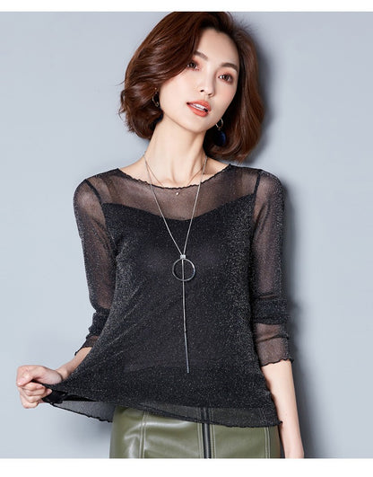 2025 Glitter Mesh Blouse Sexy Womens Shirts Long Sleeve Tops Korean Black Pink O-Neck Elegant Slim Blouse Camisas Femininas