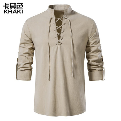 Men's Renaissance Shirt Pirate Medieval Viking top Cotton Linen Shirts Men Long Sleeved Halloween Costume