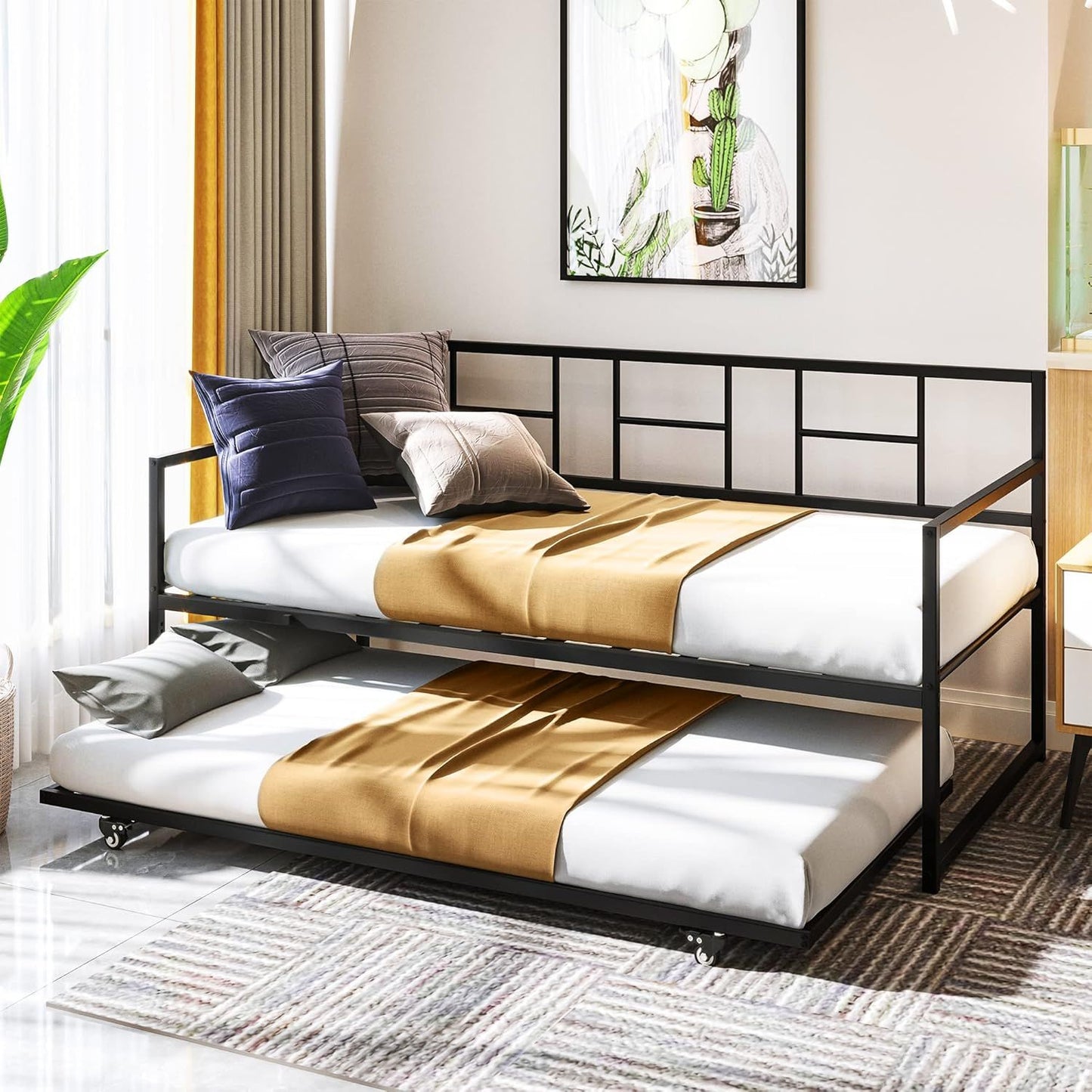 Cama-Sofá com Bicama, Cama de Solteiro com Altura Ajustável e Bicama Retrátil, Sofá-Cama com Suporte de Estrado de Aço para Sala de Estar