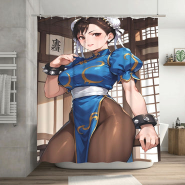 Chun Li Anime Inspired Fashion Shower Curtain with Hooks, Removable & Durable Polyester Bathroom Decor, Machine Washable, Elegan