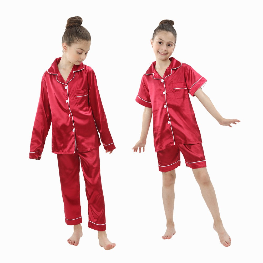 2 to 14 Years Boys Girls Pajamas Sets Kids Silk Satin Top Pant Long/Short Sleeve Solid Pyjamas Suits Nightgown Child Sleepwear