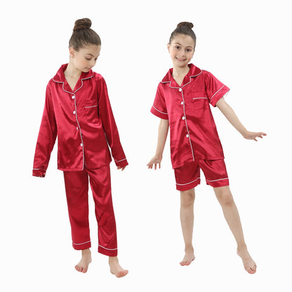 2 to 14 Years Boys Girls Pajamas Sets Kids Silk Satin Top Pant Long/Short Sleeve Solid Pyjamas Suits Nightgown Child Sleepwear