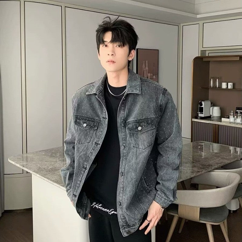 American Trendy Denim Jacket Mens Make Old Flash Diamond Fashion Outwear Spring Single-breasted Street Couple Cowboy Coats