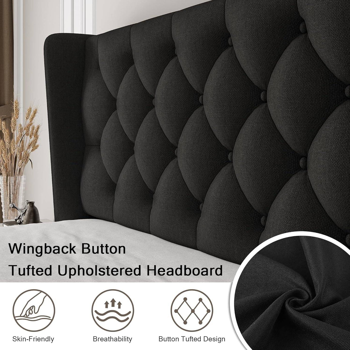 Queen Size Upholstered Bed Frame with Wingback Headboard, Fabric Linen Platform Bed, 8" Under Bed Storage, Wooden and Me