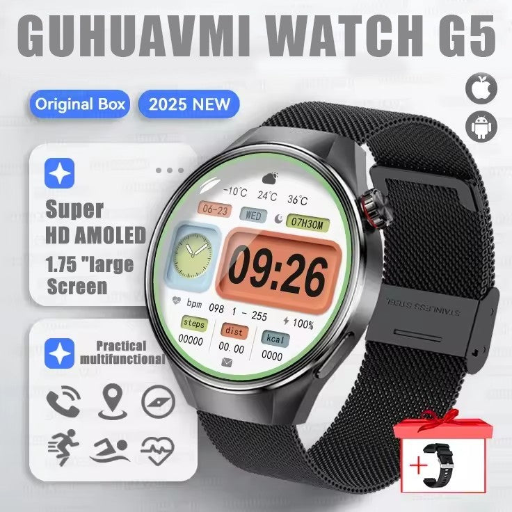 Smartwatch 2025 Original G5 Plus, Tela AMOLED HD de 1,75", Rastreamento GPS, Frequência Cardíaca, Chamada Bluetooth, Bússola para Homens