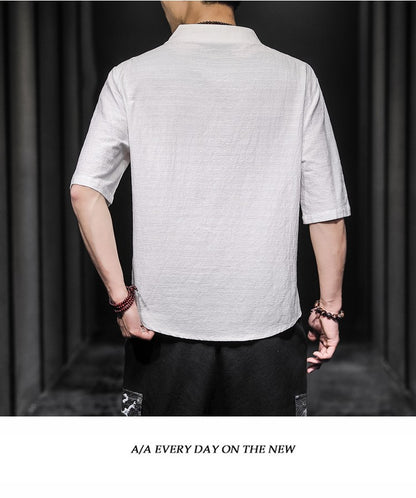 2023 Men Summer Cotton Linen Tang Shirt Men Chinese Style Button Short-Sleeved Shirts Male Blouse Vintage Kung Fu Hawaiian Shirt