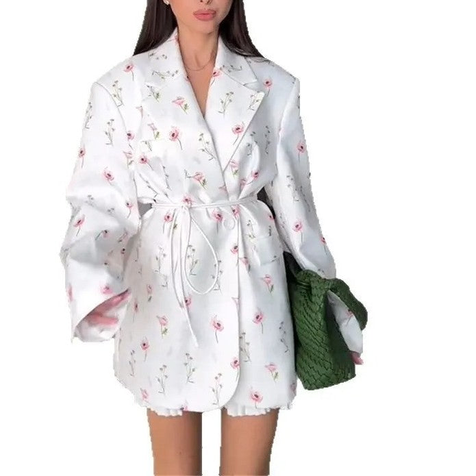 Women's 2025 Spring/Summer New Fashion Printed Loose Suit Collar Belted Waist - cinching Suit Jacket