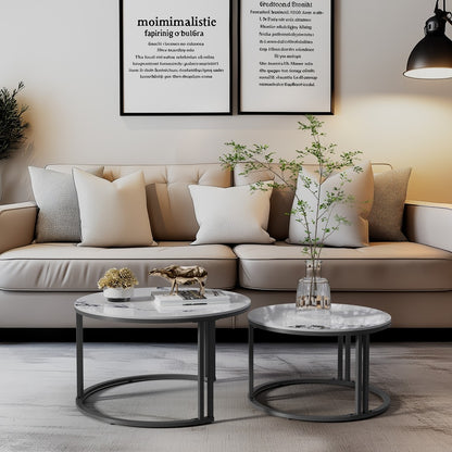 Nested Coffee Table: Set of 2 Modern Round Nesting Coffee Table Sintered Stone-top Stacking Sofa Accent Table for Living Room