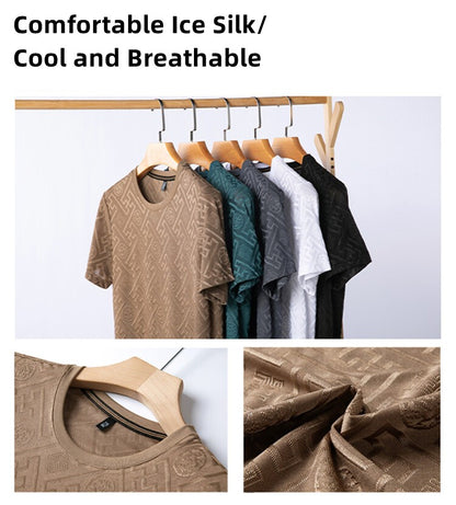 2024 Summer Ice Silk Men's Jacquard Short Sleeve T-shirt High end Brand Fashion Jacquard Cool Breathable Casual Round Neck Top