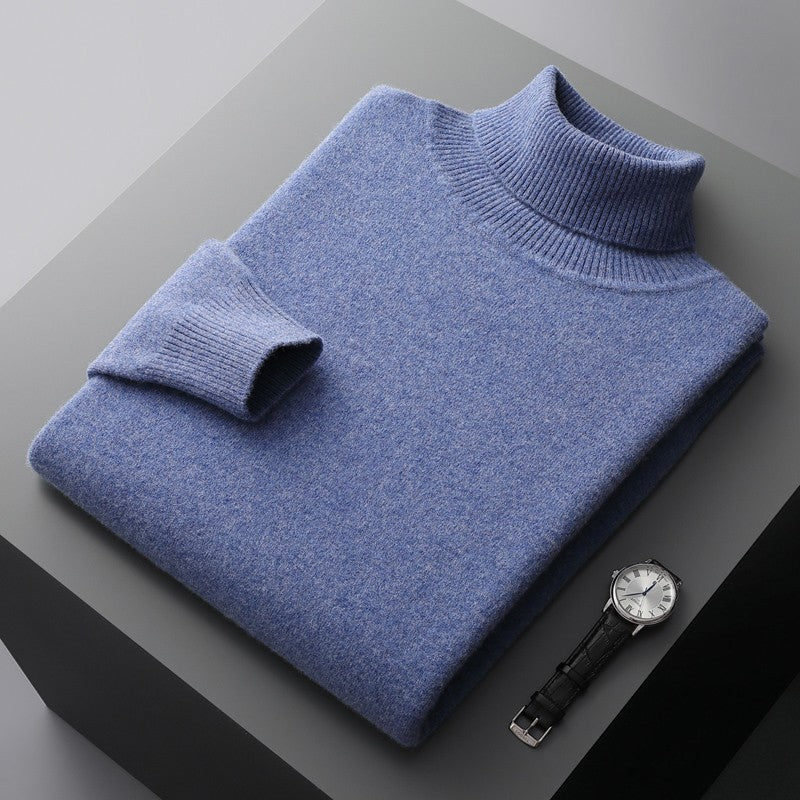 100%Merino Wool Lapel Sweater Men's Turtleneck Loose Knit Pullovers Youth Business Casual Joker Tops Warm Solid Color Base Shirt