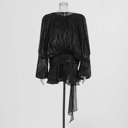 TWOTWINSTYLE Solid Blouse Mini Dresses For Women V Neck Long Sleeve Spliced Lace