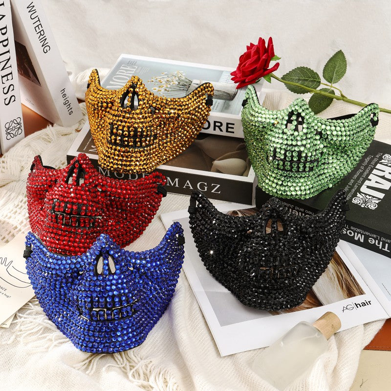 Rhinestone Cat Masquerade Mask, Full Crystal Cat Face Half Mask for ManWomen, Halloween Costume, Prom, Wedding, and Themed Party