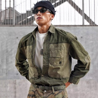 Vintage Patchwork Design Men Autumn Tactical Function Cargo Shirts Y2K High Street Techwear Style Long Sleeve Tops camisetas