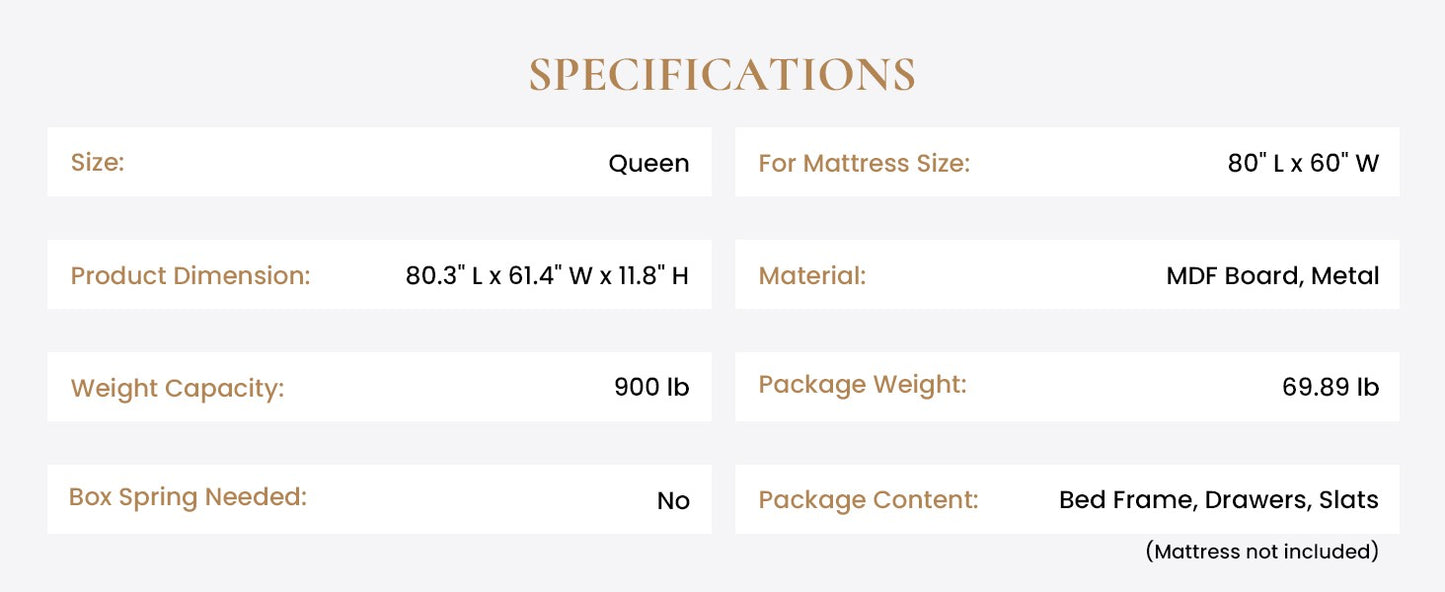 Cama Queen com Estrutura, 2 Gavetas Grandes de Armazenamento, Silenciosa, Fácil de Montar, Não Precisa de Box Spring, Cama com Armazenamento