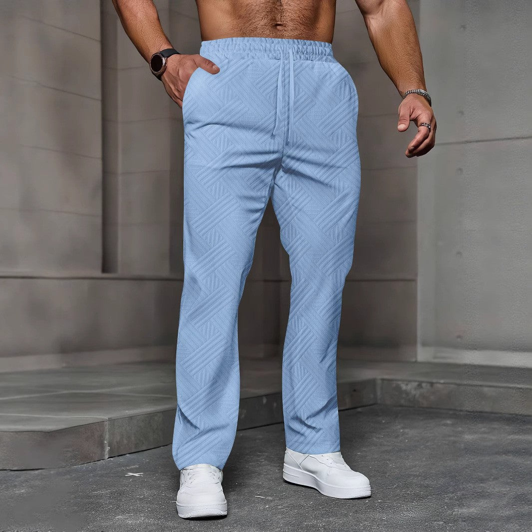 Men's Sport Fitness Breathable Casual Pants, Fashionable Jacquard Stretch Waistband Street Pants, Solid Color Loose Straight Pan