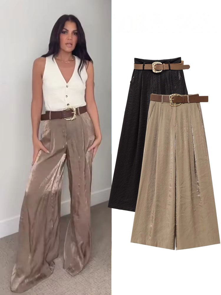 HH Women New Fashion Solid Belt Wrinkles Decorate Casual Loose Trousers Female Chic Zipper Side Pocket Slim Wide Leg Pants