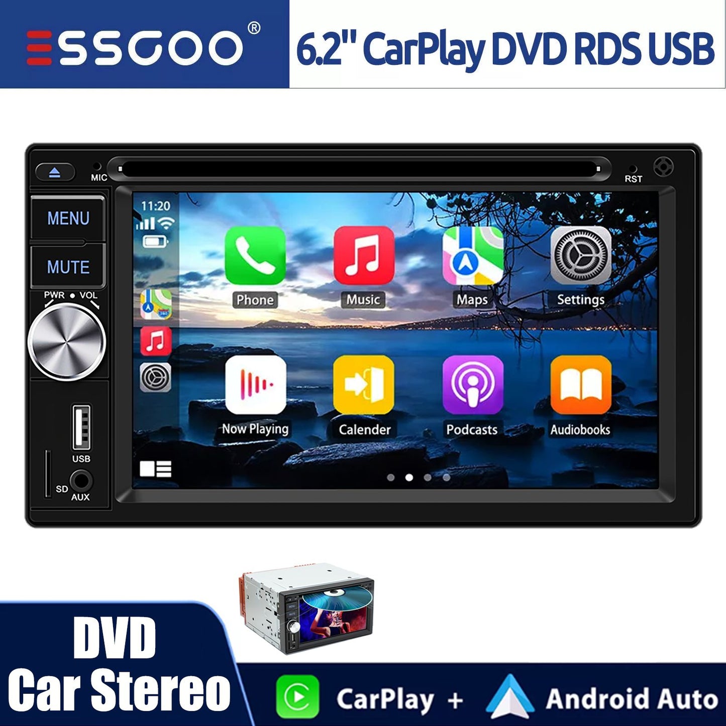 ESSGOO Universal Double 2 Din 6.2" Car Stereo Radio CD DVD Multimedia Video MP5 Player Wireless Carplay & Android Auto USB BT