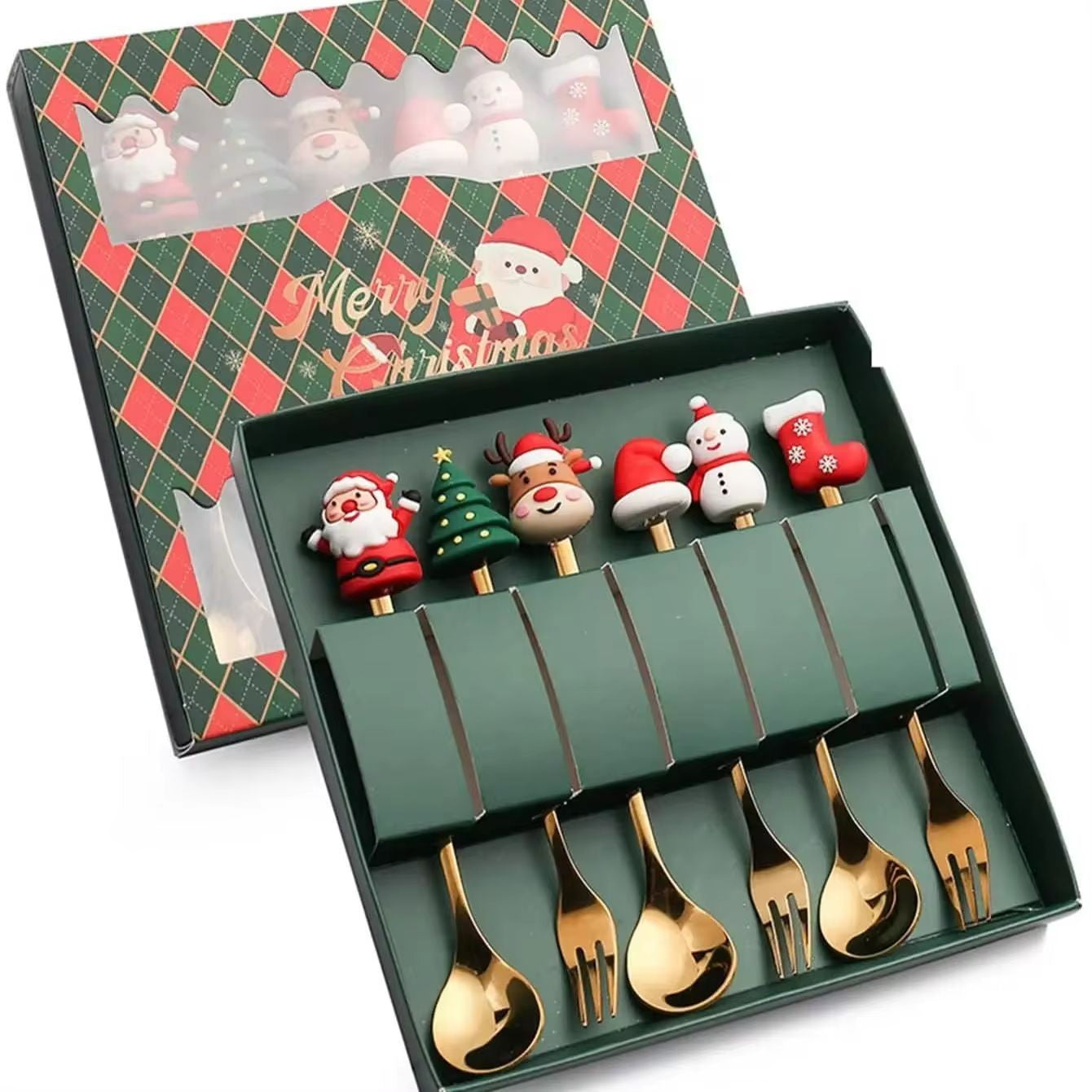 Conjunto de Talheres com Tema Natalino Aço Inoxidável Faca Garfo Colher com Desenho Animado Criativo Conjunto de 2/4/6 Peças Presente de Fim de Ano Decoração de Talheres