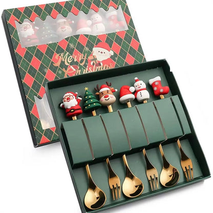 Conjunto de Talheres com Tema Natalino Aço Inoxidável Faca Garfo Colher com Desenho Animado Criativo Conjunto de 2/4/6 Peças Presente de Fim de Ano Decoração de Talheres