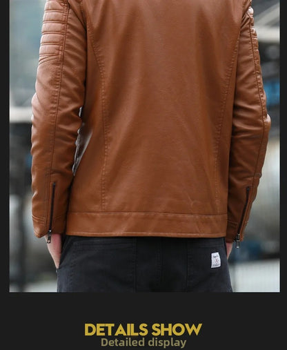 Men's Fleece Lined Biker Jacket Stand Collar Casual Versatile Spring Autumn Leather Coat for Students Fashionable Outerwear