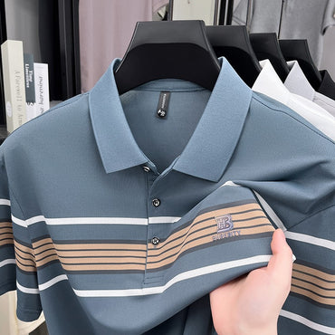 High end letter embossed short sleeve polo shirt luxury brand T-shirt fashion striped summer new ice silk breathable men's top