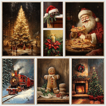 Vintage Winter Christmas Gingerbread Santa Christmas Tree Posters Prints Canvas Painting Wall Art Picture Living Room Home Decor