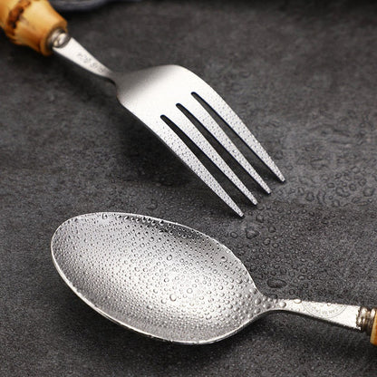 Conjunto de Talheres com Cabo de Bambu Natural, Talheres de Aço Inoxidável, Talheres de Cozinha, Inclui Garfos Colheres Facas Talheres