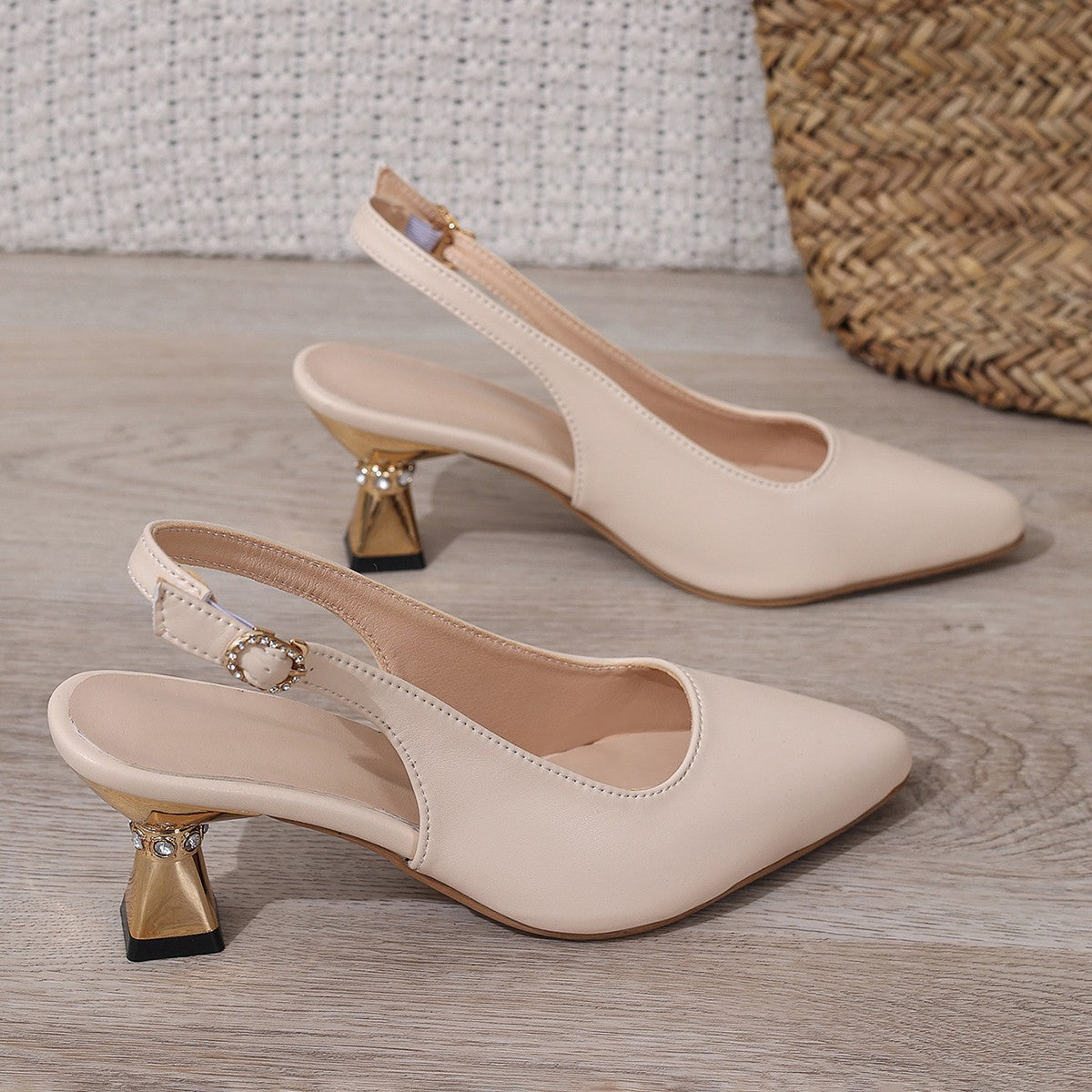 Pu Leather High Heels Pumps Women 2025 Summer Ankle Buckle Thick Heeled Sandals Woman Crystal Decor Pointed Toe Party Shoes