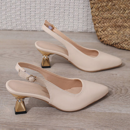 Pu Leather High Heels Pumps Women 2025 Summer Ankle Buckle Thick Heeled Sandals Woman Crystal Decor Pointed Toe Party Shoes