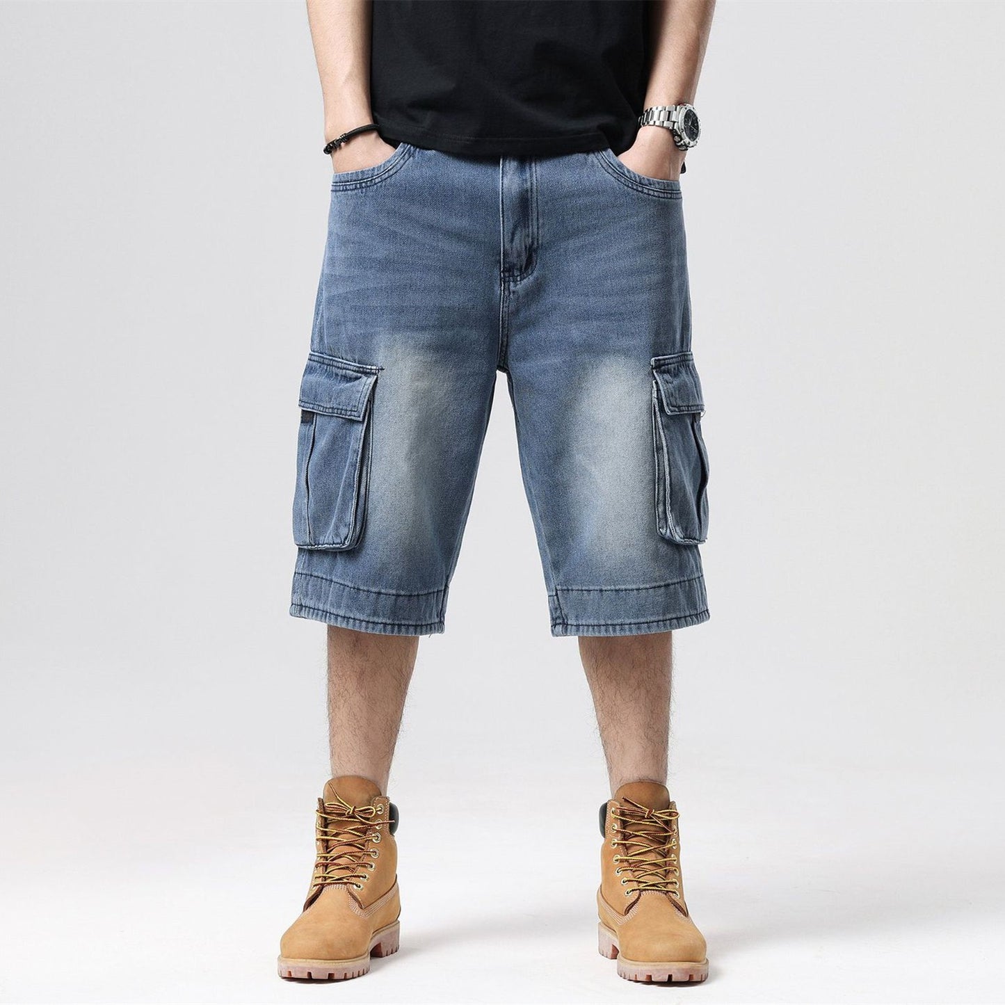 ABOORUN Mens Plus Size Loose Baggy Denim Shorts Fashion Streetwear Hip Hop Skateboard Cargo Jeans Short for Male R1402