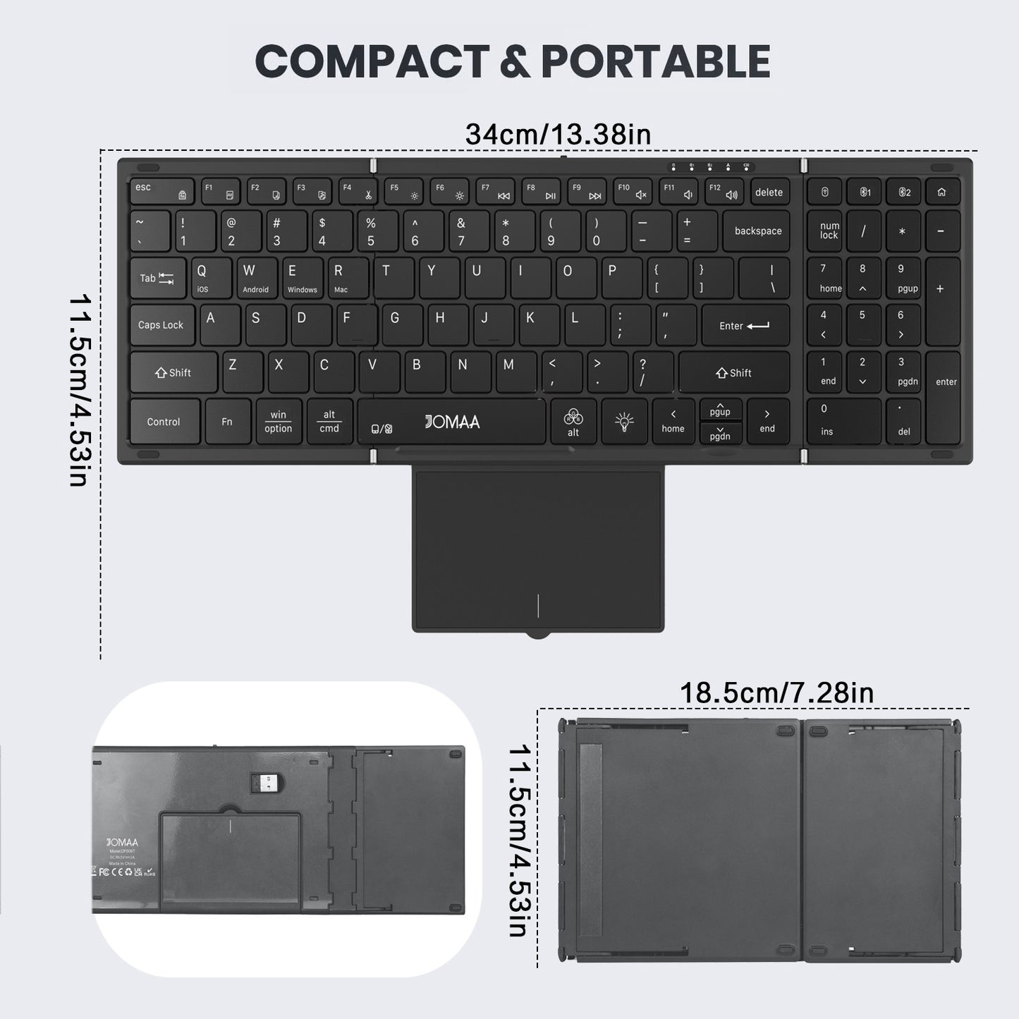 Portable Bluetooth Dual Mode Wireless Touchpad Keyboard with RGB Backlit,98Keys Foldable Office Keyboard for PC/Laptop/Mac-Black
