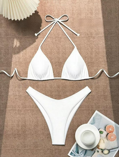 2025 New Bikini Set Women Sexy Simple Solid White/Black/Coffee Halter Bikini Swimsuit Lace Up Brazilian Beach Bathing Suit