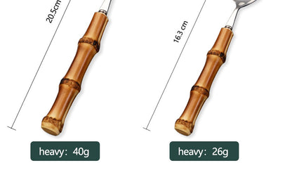 Conjunto de Talheres com Cabo de Bambu Natural, Talheres de Aço Inoxidável, Talheres de Cozinha, Inclui Garfos Colheres Facas Talheres