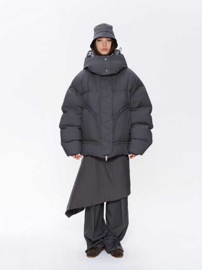 Detachable Hooded Padded Jackets Women's Loose Full Sleeves Zipper Pockets Stand Collar Coats 2025 Autumn Winter Female Outwear