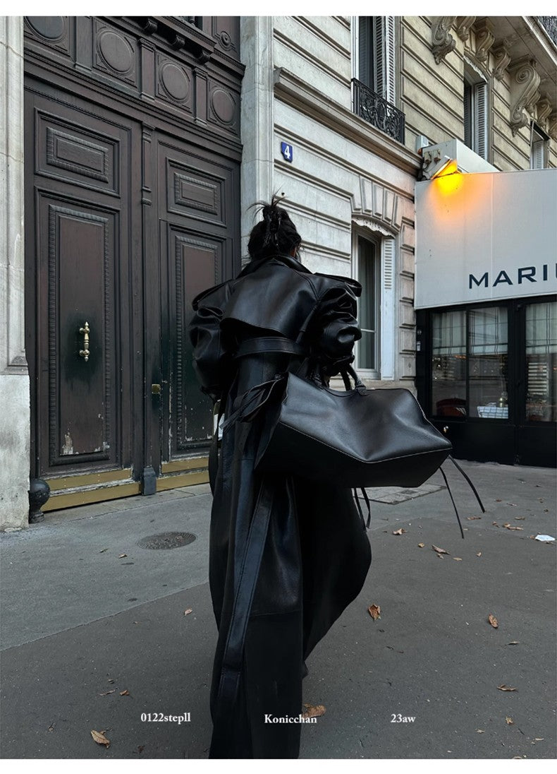 Lautaro Spring Autumn Extra Long Black Pu Leather Trench Coat for Women with Back High Slit Luxury Chic European Fashion 2024